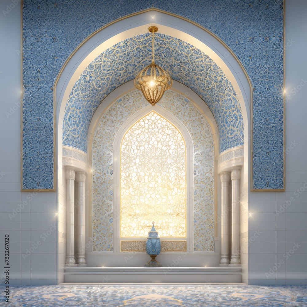 Beautiful Islamic style mosque interior. The mosque is decorated with Islamic patterns.