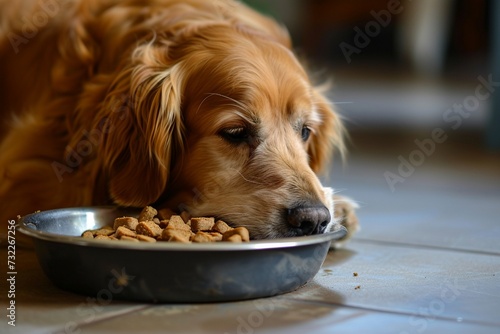 Golden retriever dog not eat feed from metal bowl at home. Adorable purebred doggy pet with food at kitchen, sick dog, depressed