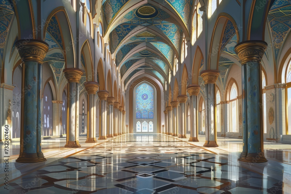 Beautiful Islamic style mosque interior. The mosque is decorated with Islamic patterns. Beautiful Islamic style mosque interior. The mosque is decorated with Islamic patterns.