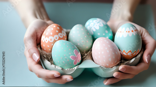 hand woman makes cute decorative eggs for easter holiday. cute pastel colored eggs photo