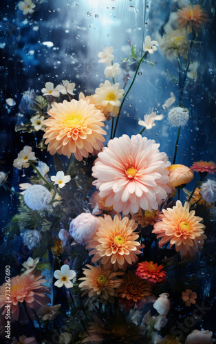 Beautiful fresh flowers in the rain. Natural colorful background