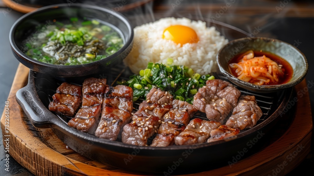 yakiniku with rice and soup and salad on a wooden tray yakiniku with rice and soup and salad on a wooden tray