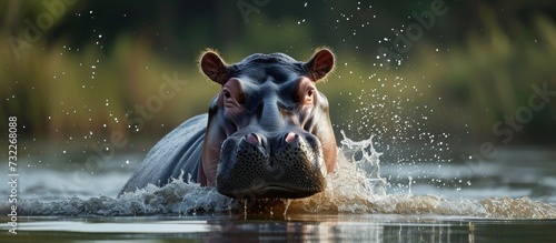 A happy hippopotamus swims in the fluid body of water, surrounded by natural landscape and grass. Its snout emerges in the lake, showcasing wildlife in a terrestrial animal's blissful moment.