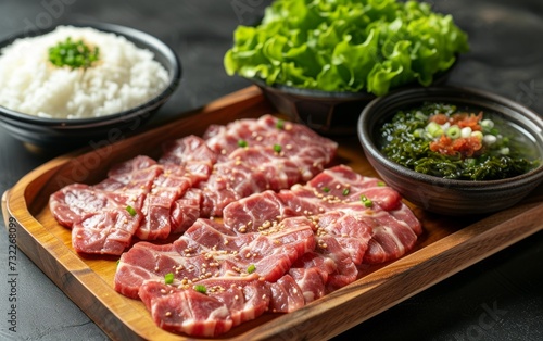 yakiniku with rice and soup and salad on a wooden tray