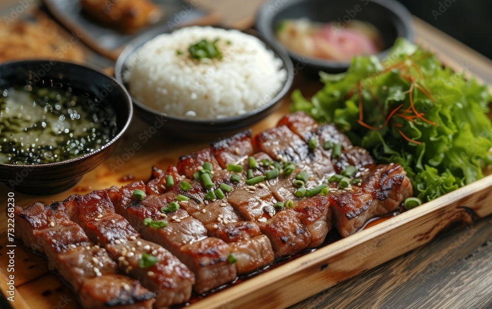 yakiniku with rice and soup and salad on a wooden tray yakiniku with rice and soup and salad on a wooden tray