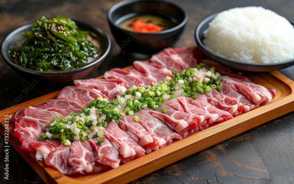yakiniku with rice and soup and  salad on a wooden tray
