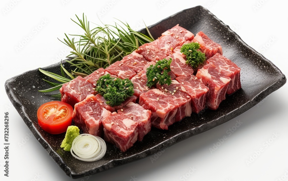 yakiniku with rice and soup and  salad on a wooden tray