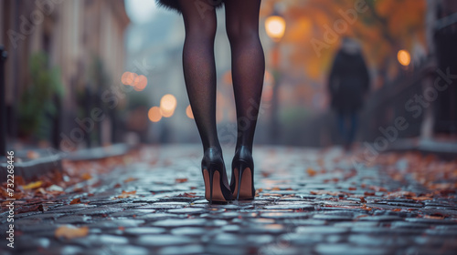 A woman in black leather high heels and fishnet stockings, strolls down a damp cobblestone street during autumn photo