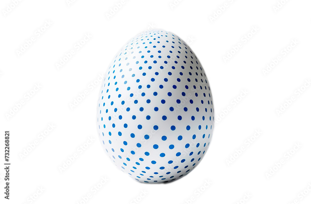 White easter egg with blue polka dots on white background