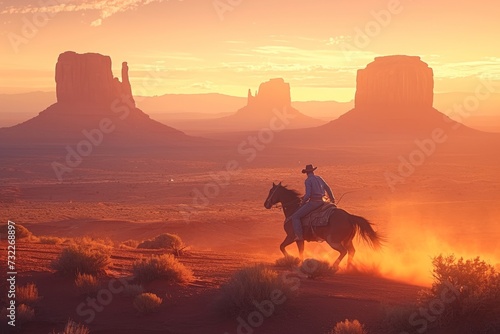 cowboy in the fields at sunset