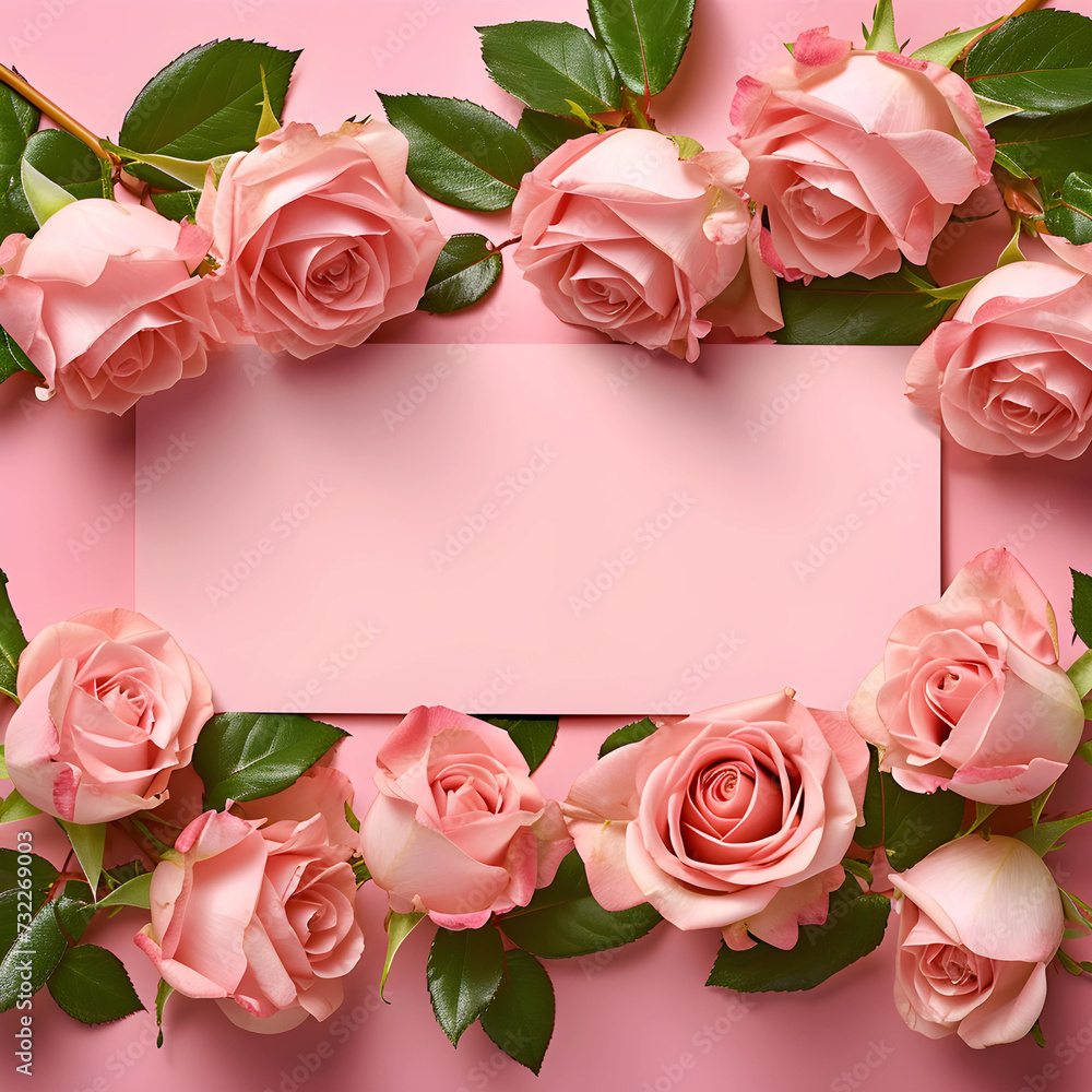 valentine's Day banner with pink roses bloom on a white background, creating a delightful display of delicate pink flowers