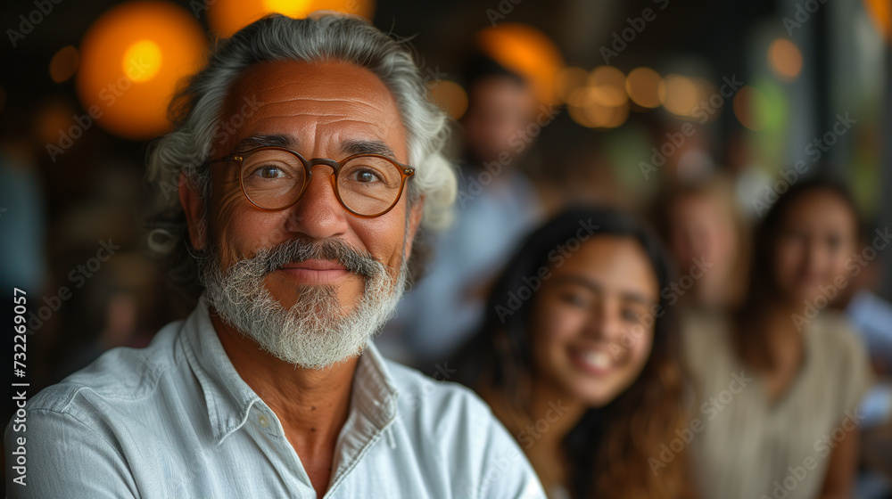 Smiling mature businessman sitting with colleagues in an office, multicultural, multiracial, multigenerational Smiling mature businessman sitting with colleagues in an office, multicultural, multiracial, multigenerational