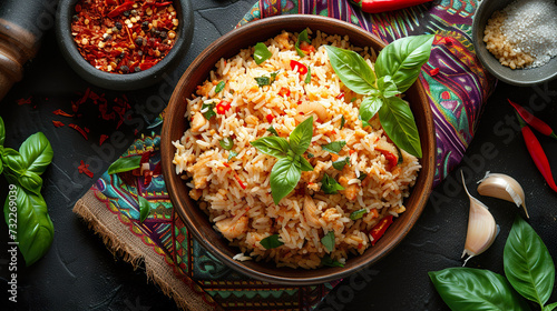 A traditional bowl of Thai basil chicken fried rice on the woven cloth. 