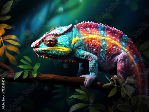 illustration of realistic multicolored chameleon with iridescent skin in speckles sitting on branch of a bush over black background  © Johannes