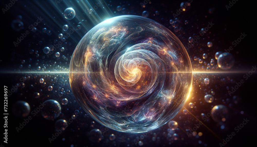 Obraz premium Converging Realities: Mesmerizing close-up of swirling galaxy within a crystalline sphere