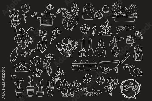 Seeds and seedlings. Germination of sprouts. Tools, pots and soil for planting. Set of isolated vector illustration in doodle style on black background