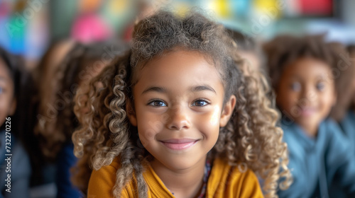 Portrait of mutiracial american girl writing in classroom at elementary school