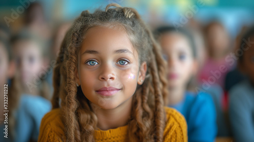 Portrait of mutiracial american girl writing in classroom at elementary school