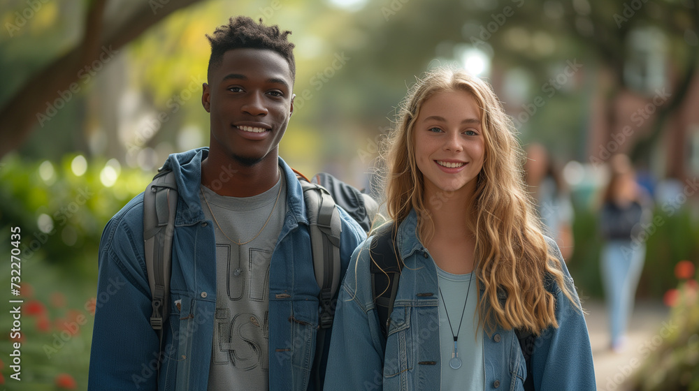 Diverse high school students having fun on campus, laughing and posing for the camera