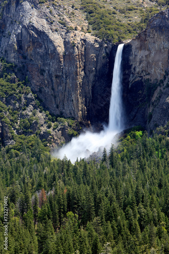 Yosemite has lots of waterfaklls during summer ice, snow from top melts and water fall appears throught park