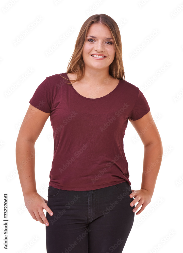 Fototapeta premium Fashion, happy and portrait of woman in studio with stylish, casual and trendy outfit and makeup. Smile, confident and beautiful female person with style and cosmetic face by white background.