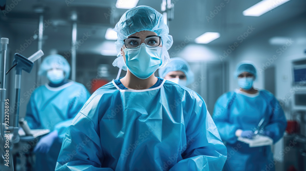 Emergency team of medical doctors with operating room background in hospital Emergency team of medical doctors with operating room background in hospital