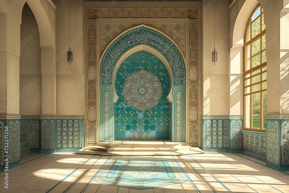 Beautiful Islamic style mosque interior. The mosque is decorated with Islamic patterns.
