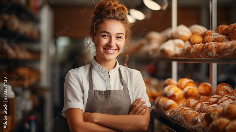 A cheerful baker with a mustache, wearing a white hat and apron, proudly poses with arms crossed in front of a stack of freshly baked bread in a cozy bakery