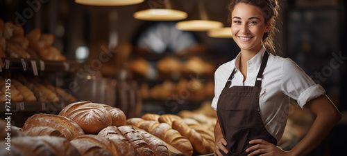 A cheerful baker with a mustache, wearing a white hat and apron, proudly poses with arms crossed in front of a stack of freshly baked bread in a cozy bakery