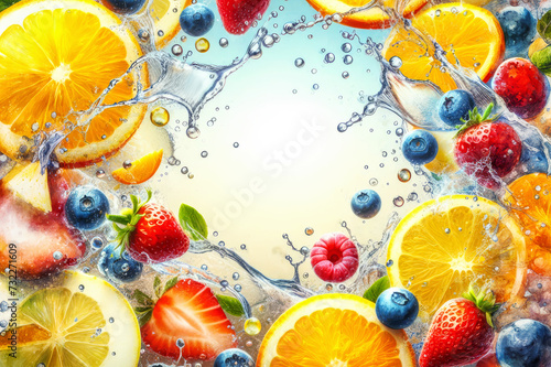 Fruits and berries in a splash of water. Strawberries, blueberries, apples, oranges, mint. AI generated