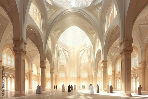 Beautiful Islamic style mosque interior. The mosque is decorated with Islamic patterns. photo