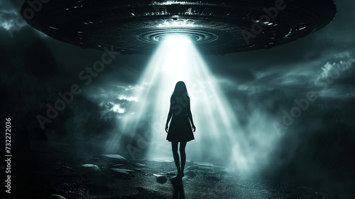 A woman stands bathed in the glow of a bright light beam coming from an overhead flying saucer