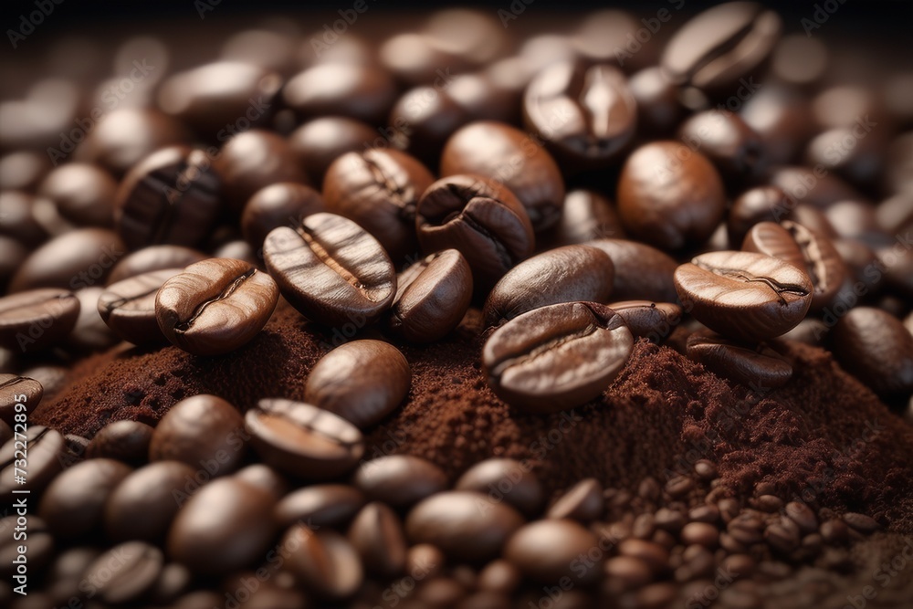 Obraz premium Coffee beans and ground coffee on wooden table. Selective focus.