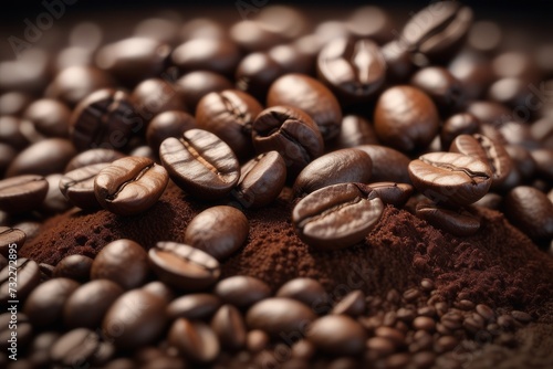 Coffee beans and ground coffee on wooden table. Selective focus.
