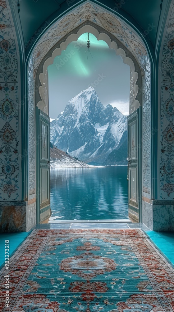 prayer mat with view of snow mountains and aurora