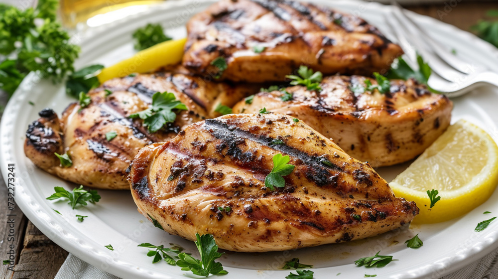 Marinated grilled healthy chicken breasts in a White Plate and served. Generative Ai