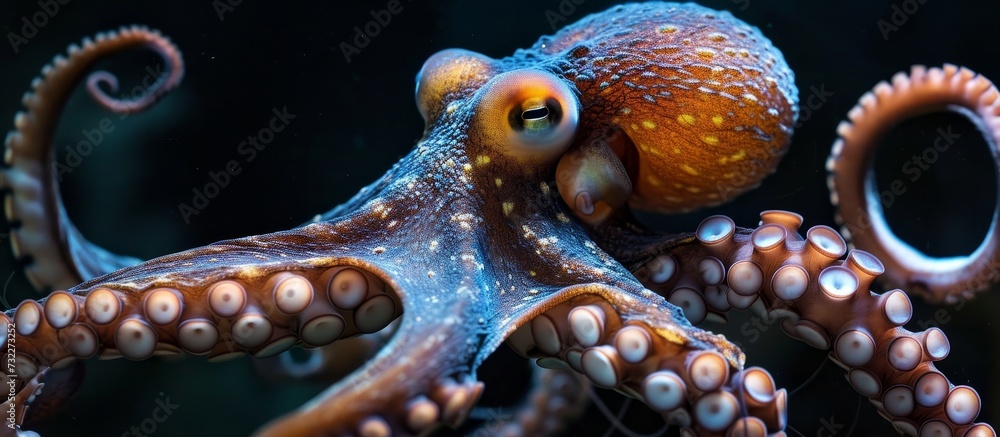 Φωτογραφία An electric blue octopus is swimming underwater in the ocean, displaying mesmerizing macro photography of this marine invertebrate
