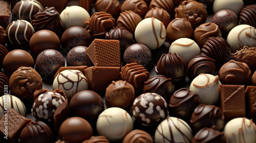 Assortment of chocolate candies, white, dark, and milk chocolate candies