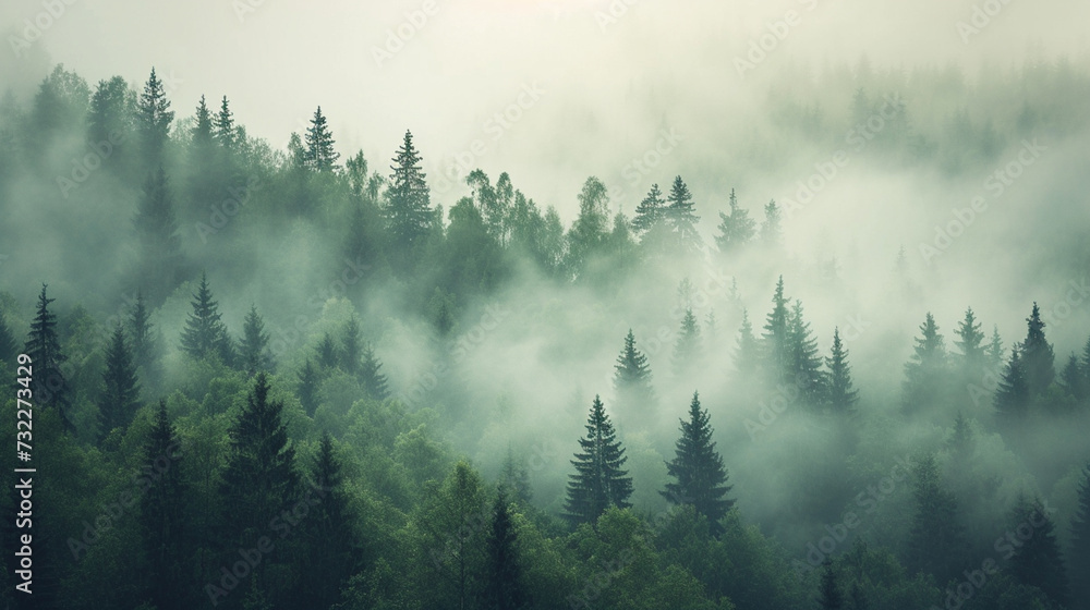 Misty landscape with fir forest in vintage retro style. wide-angle view. Generative Ai