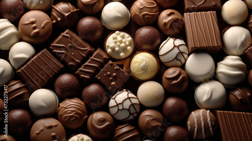 Assortment of chocolate candies, white, dark, and milk chocolate candies