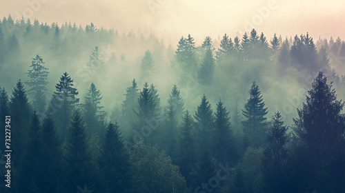 Misty landscape with fir forest in vintage retro style. wide-angle view. Generative Ai © Fuji