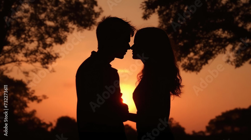 Silhouette of a couple kissing at sunset