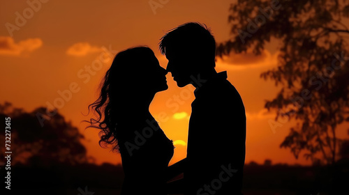 Silhouette of a couple kissing at sunset