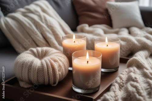Burning candles in glass jars and knitted plaid on sofa