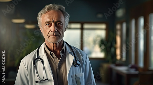 A male doctor in a white coat with a stethoscope in the clinic.