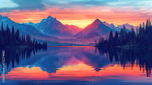 The sun sets over a mountain lake  casting vibrant orange and pink reflections on the water with silhouetted pine trees in the foreground. 