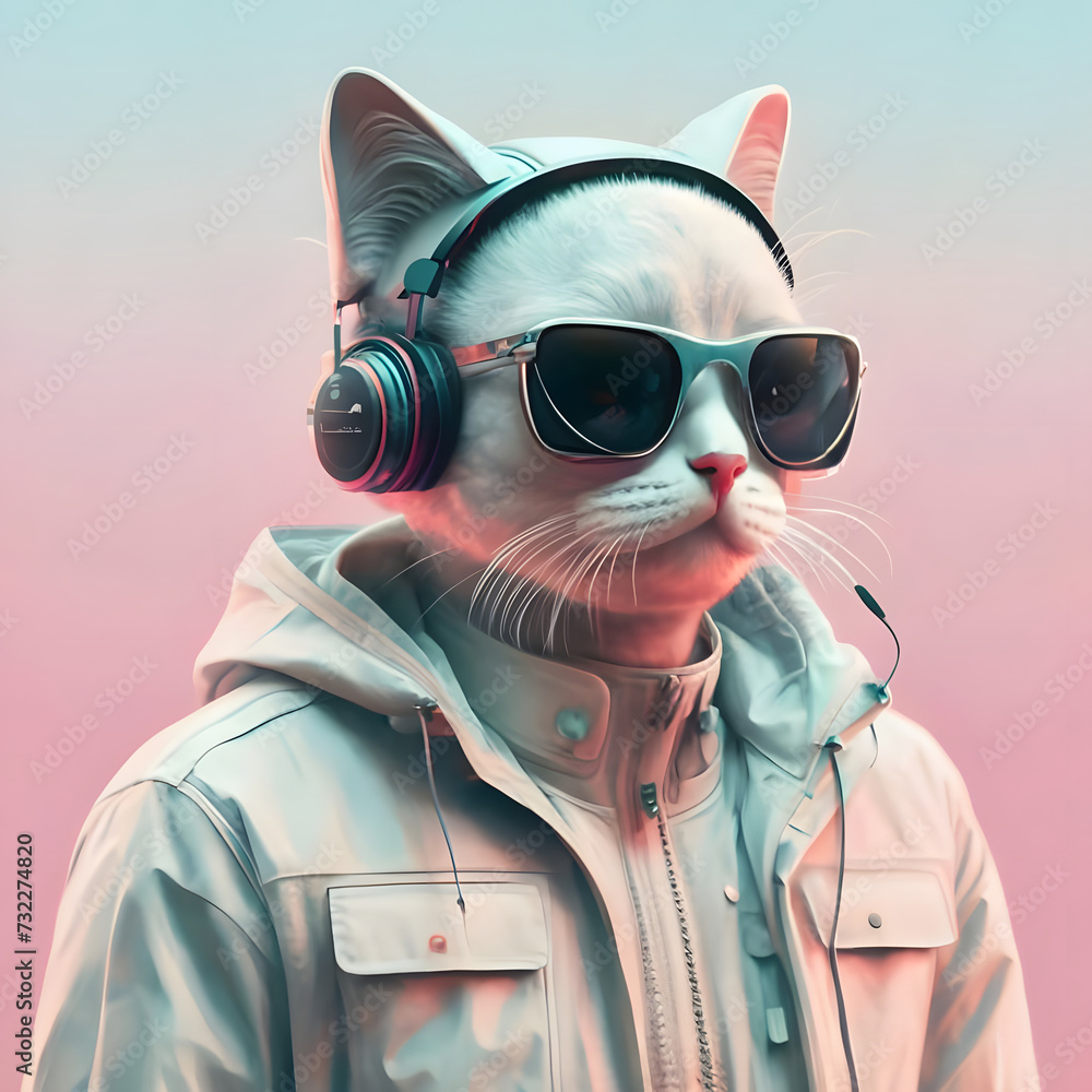 Generative AI illustration of fantasy character with cat head in sunglasses and headphones wearing white jacket listening to music against pink and blue background 