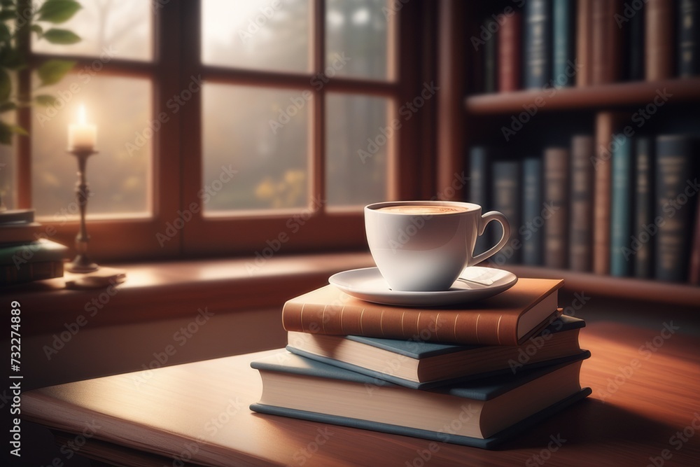 Cup of coffee and books on the windowsill. Selective focus Cup of coffee and books on the windowsill. Selective focus