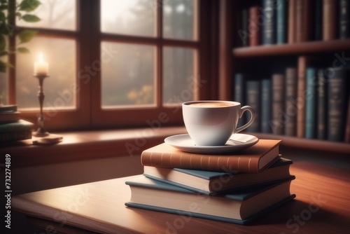 Cup of coffee and books on the windowsill. Selective focus