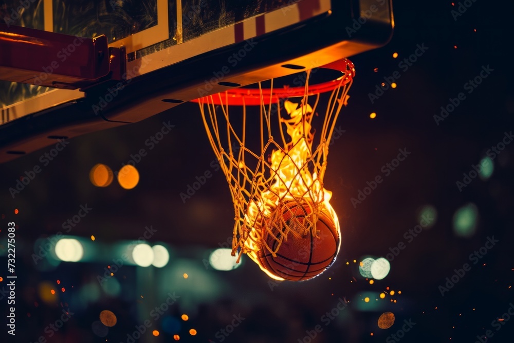 A basketball player making a shot with a flaming basketball through a net on the court